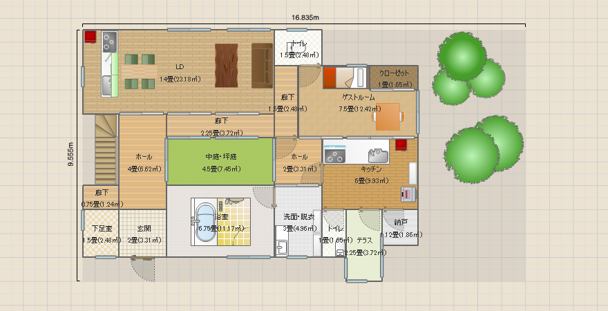 そこそこ広いゲストルーム+中庭+天空に浮かぶWC