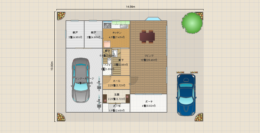 3LDK、土地50坪、2台駐車、インナーガレージ、書斎、南入り、2階水回り
