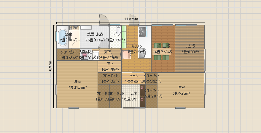 21.8坪 平屋 真ん中玄関 左上サニタリー