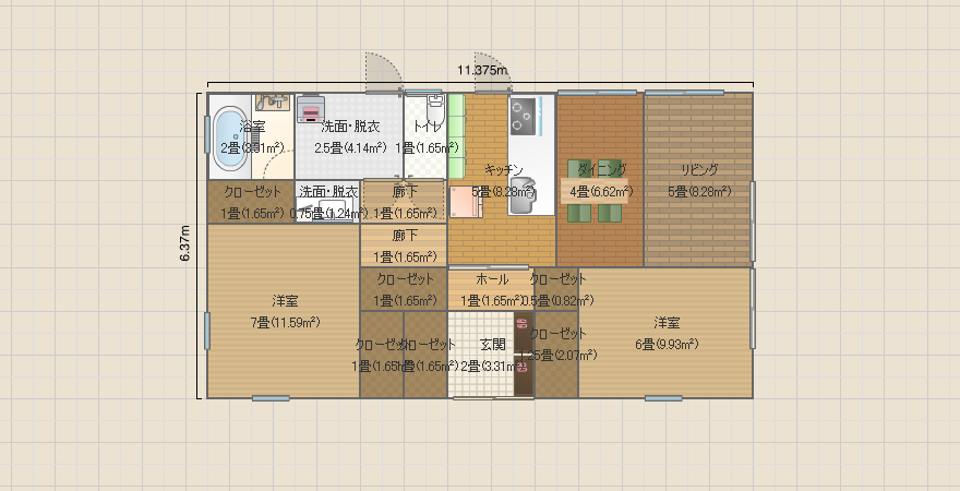 21.8坪 平屋 真ん中玄関 左上サニタリー