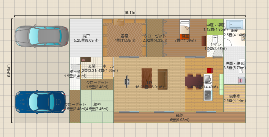 平屋。玄関クローゼット+土間収納、広い書斎、広々LDK、ウッドデッキ