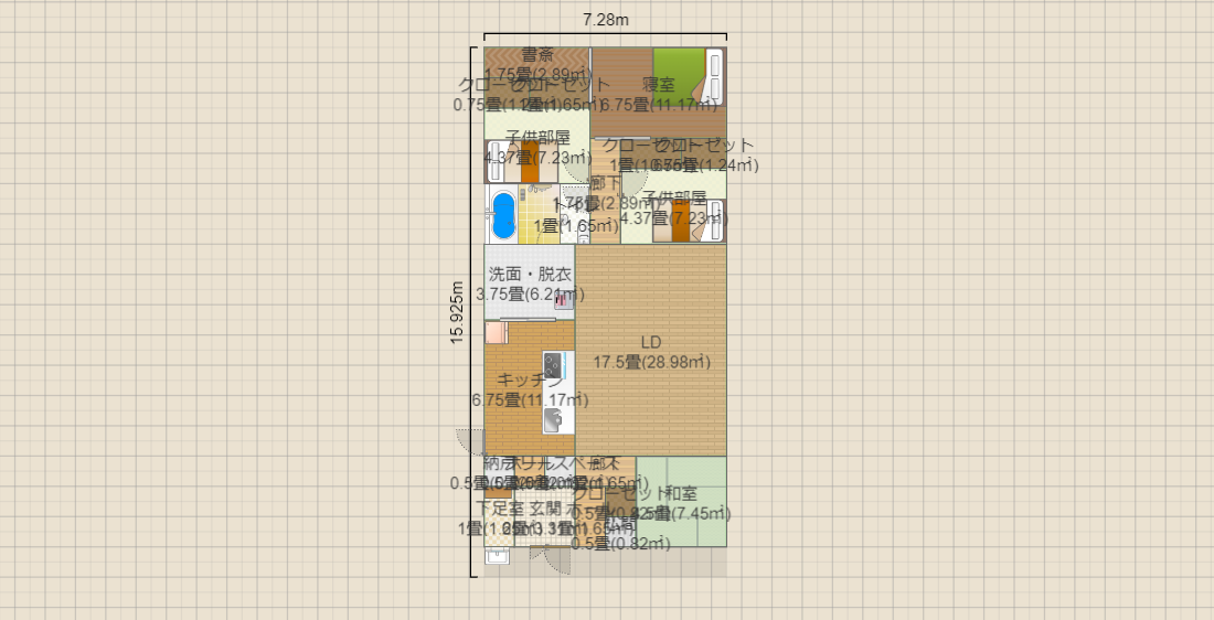 1階建 寝室 子供部屋2つ LDK広め 縦長