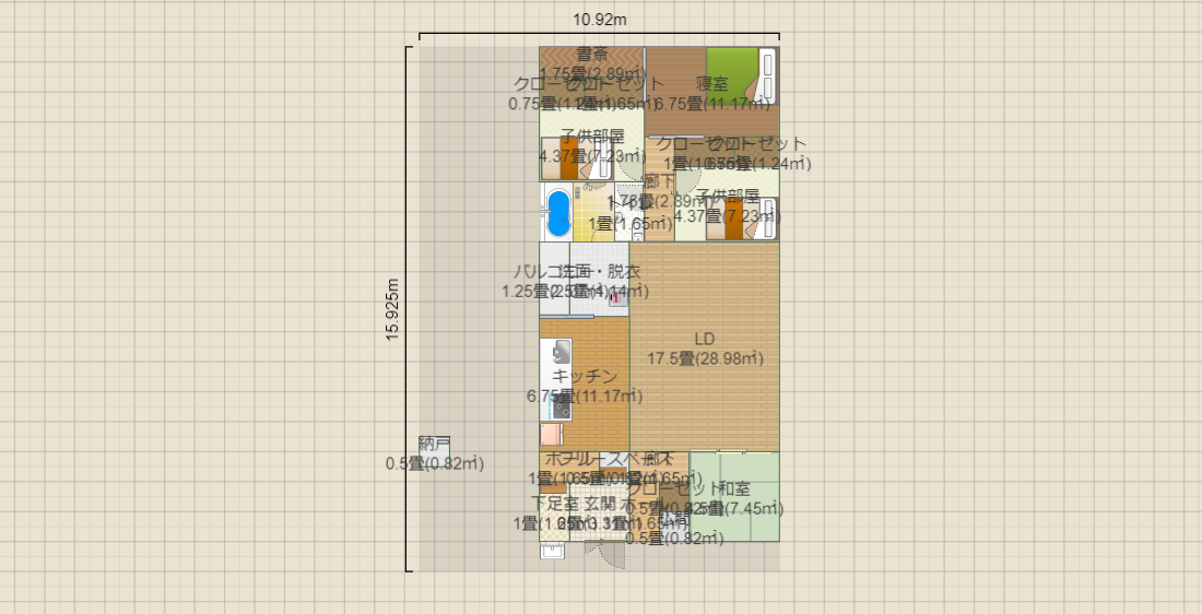 1階建 寝室 子供部屋2つ LDK広め 縦長