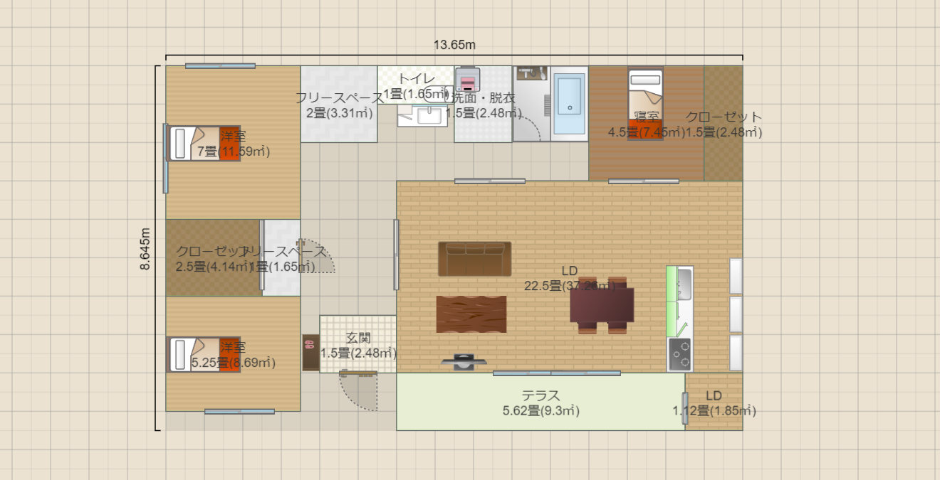 平屋3LDK 洋室スルー
