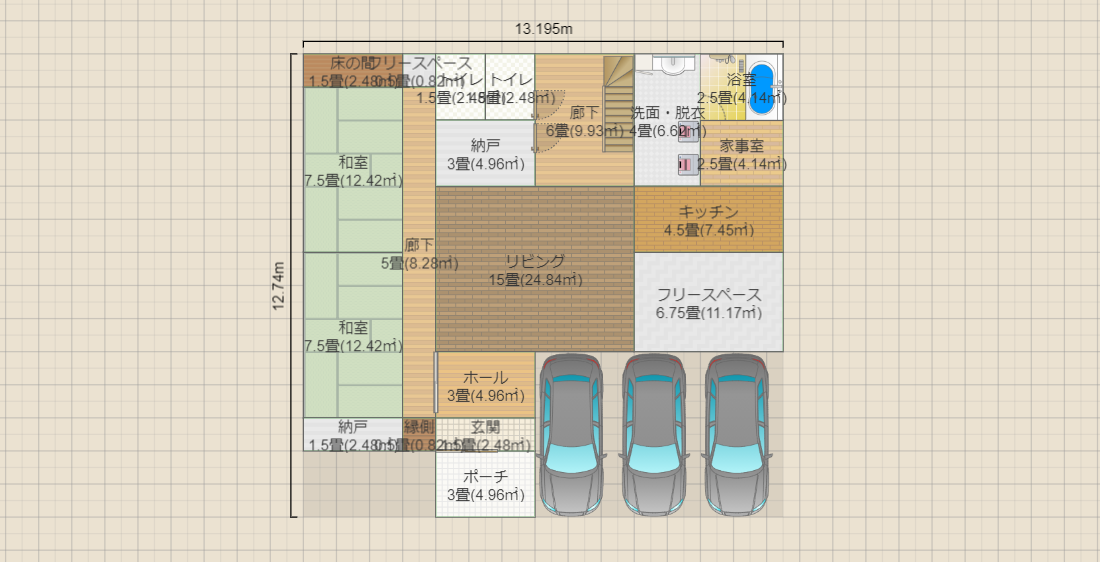 【家族4人】【ガレージ+和室】【正方形】