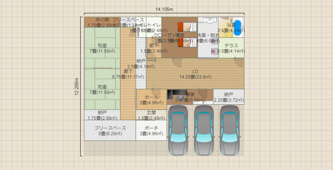 【家族4人】【ガレージ+和室】【正方形】