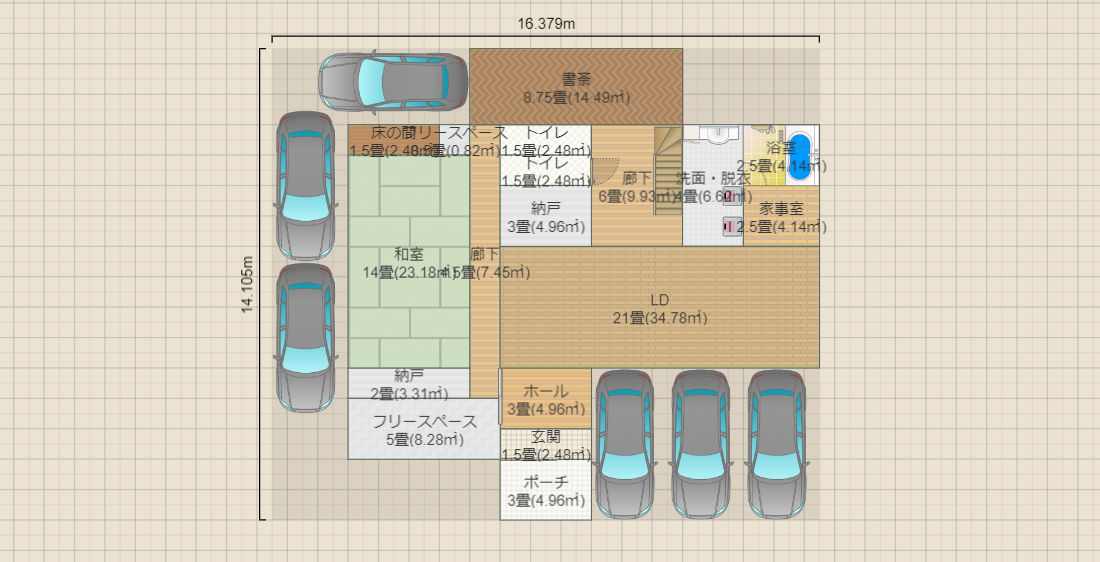 【家族4人】【ガレージ+和室】【正方形】