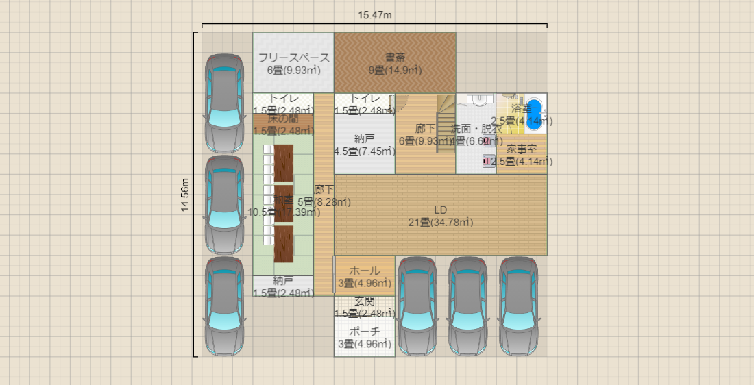 【家族4人】【ガレージ+和室】【正方形】