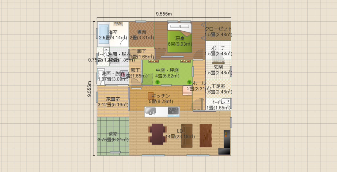 中庭4畳2LDK(19畳)-NBL(T2)9.6x9.6 R3.5
