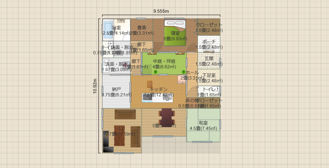 中庭4畳2LDK(19畳)-NBL-和SE-W出(T2)9.6x10.9 R3.5