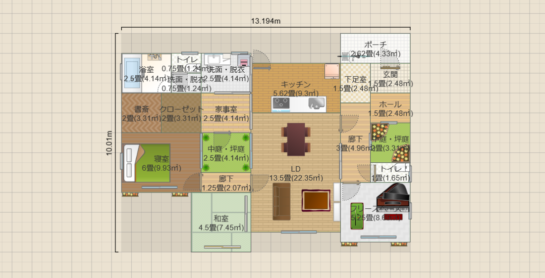中庭2.5畳+1の平屋3LDK(19畳)(T2)13.2x10 R4