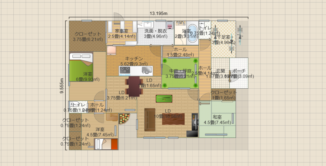 動線・中庭3.7畳の平屋3LDK(20畳)(T2)13.1x9.5 R5