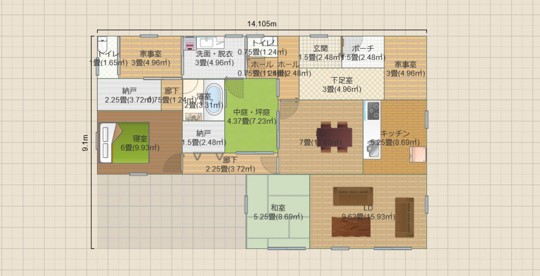 中庭4.3畳の平屋2LDK(約22畳)(T2)14.1x9.1 R4.5-PGK-SC
