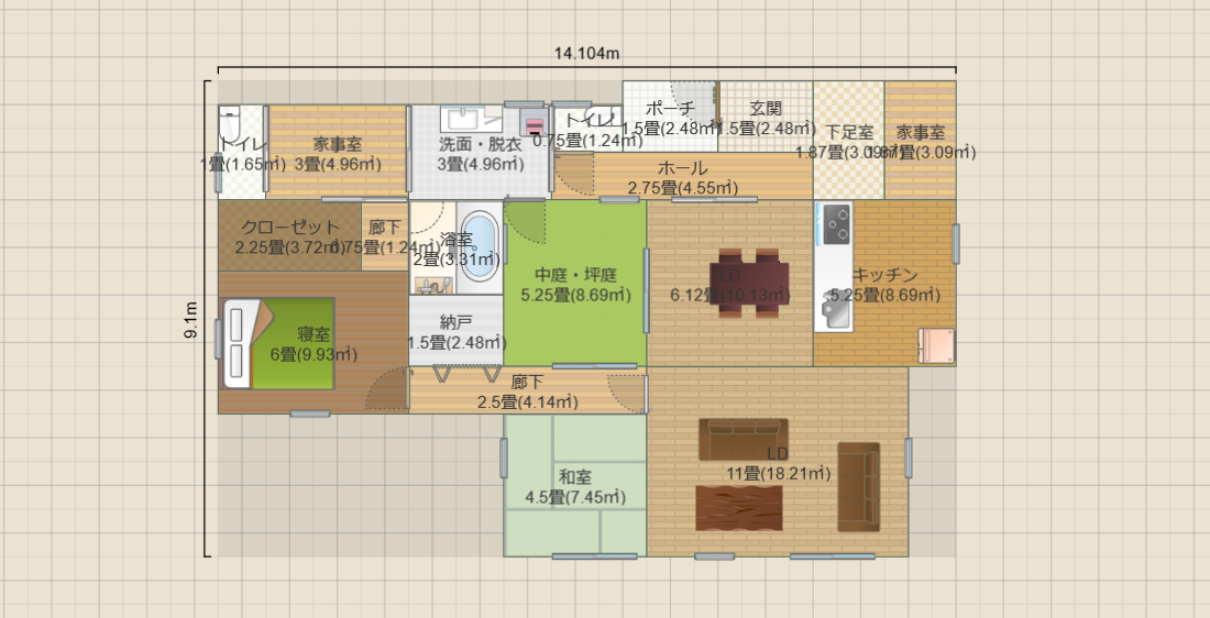 中庭5.2畳の平屋2LDK(約22畳)(T2)14.1x9.1 R4.5-PGSK