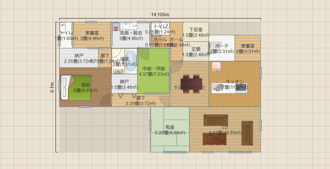 中庭4.3畳の平屋2LDK(約22畳)(T2)14.1x9.1 R4-GPK