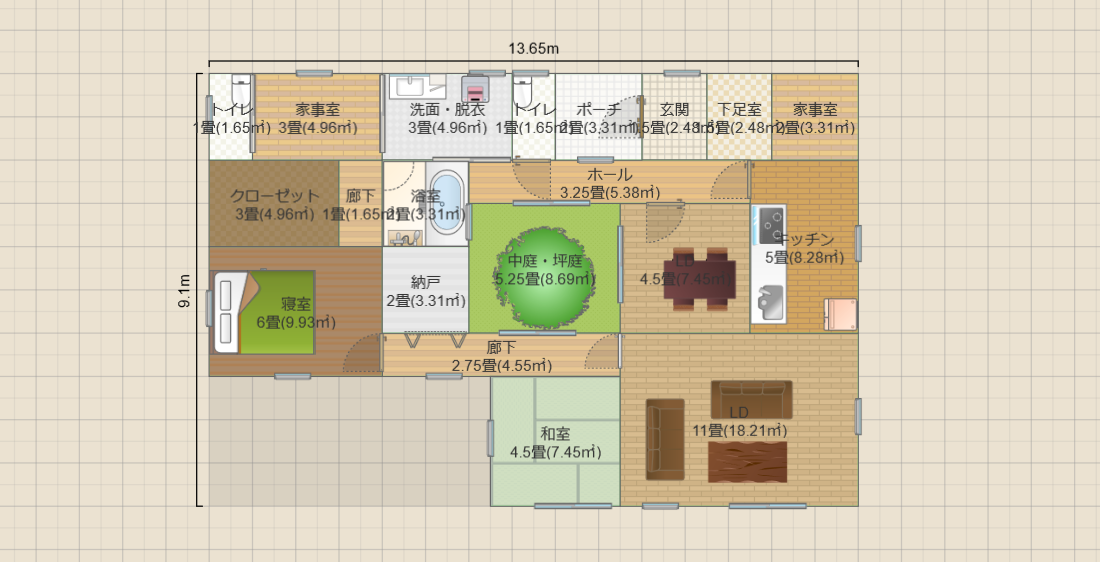 中庭5.2畳の平屋2LDK(20.5畳)(T2)13.6x9.1 R5-PGSK