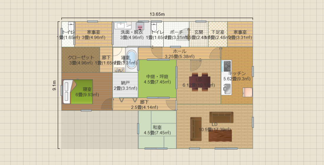 中庭4.5畳の平屋2LDK(約22畳)(T2)13.6x9.1 R5-PGSK
