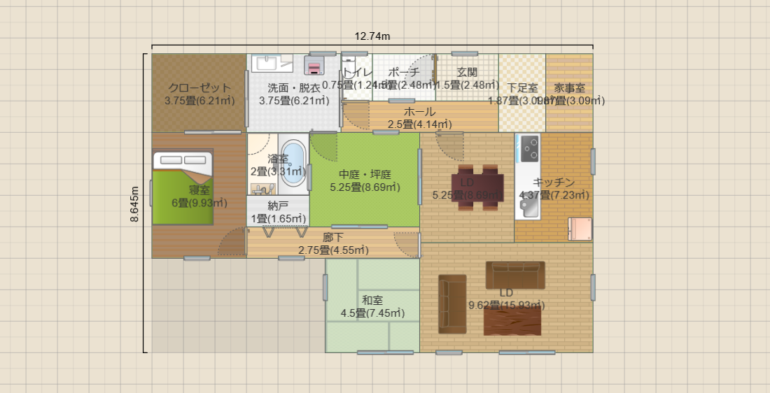 中庭5.2畳の平屋2LDK(19畳)(T1)12.7x8.6 R3.5-LC