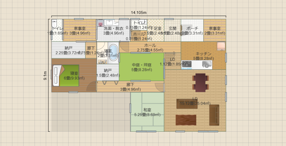中庭5畳の平屋2LDK(約21畳)(T2)14.1x9.1 R4.5-SGPK
