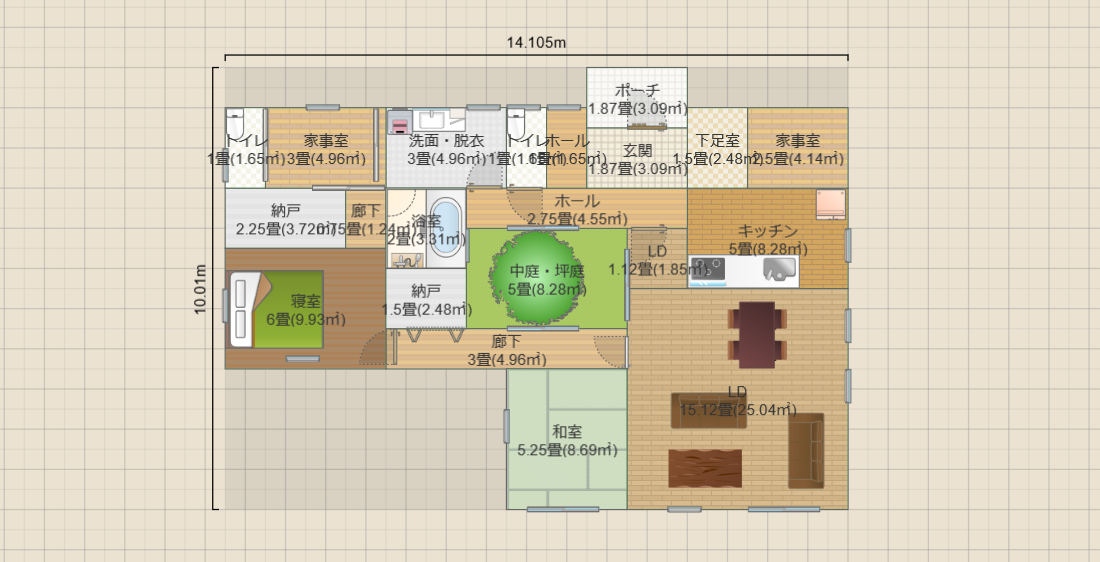 中庭5畳の平屋2LDK(約21畳)(T2)14.1x10 R5-GSK-P