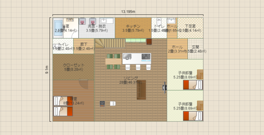 LDK28畳 玄関東 子供部屋リビング直
