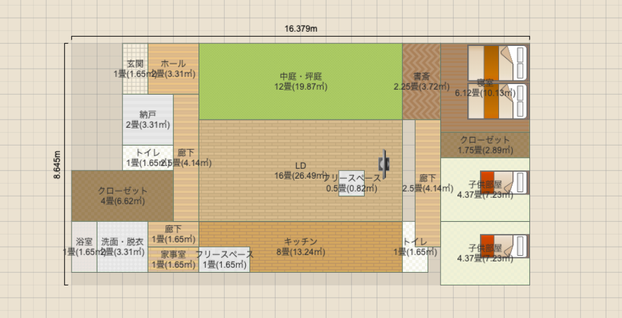 平屋+中庭+書斎(3LDK)