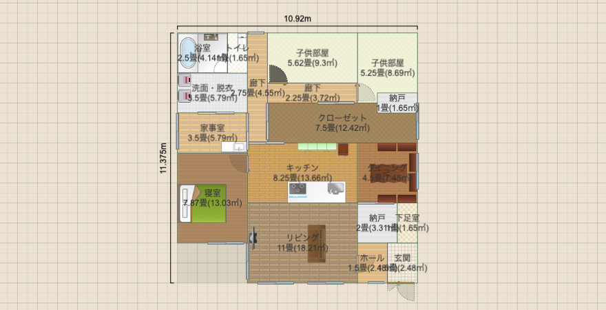南北に長いL字平屋(L字LDK・風呂北西)