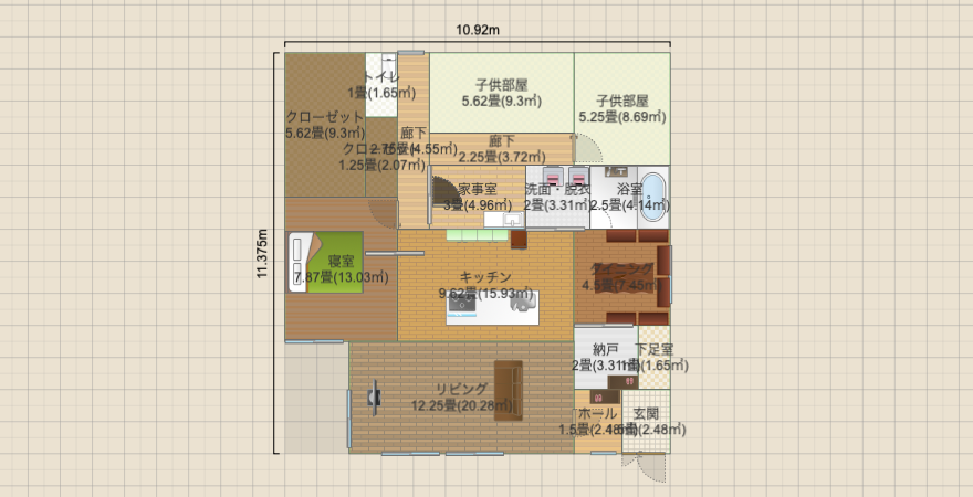 南北に長いL字平屋(L字LDK・風呂中央)