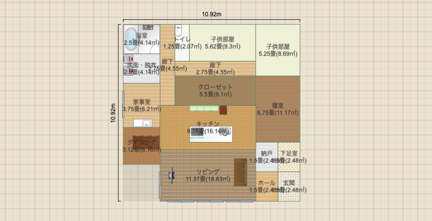 南北に長いL字平屋(L字LDK・風呂中央)