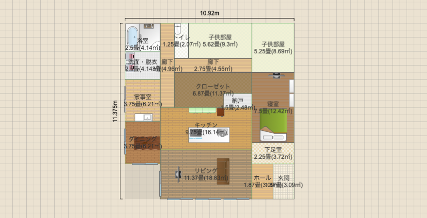 南北に長いL字平屋(L字LDK・風呂北西)