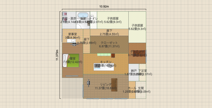 南北に長いL字平屋(寝室南西)
