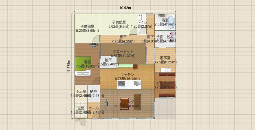 南北に長いL字平屋(寝室西)