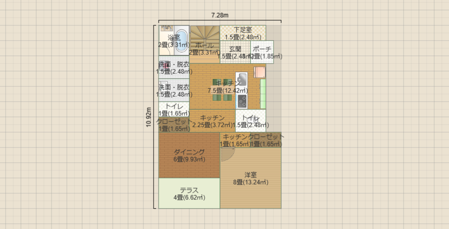 1階2つトイレと居室 1階インナーテラス