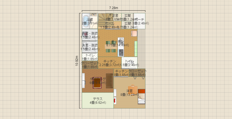 1階2つトイレと居室 1階インナーテラス2