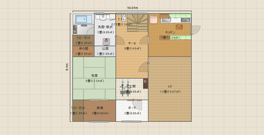 南玄関　間口10ｍ奥行9ｍ　和室1室　洗面、お風呂が西側移設