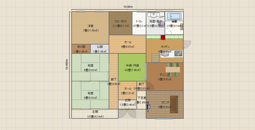 南玄関 中庭 間口・奥行11m 2階が途中