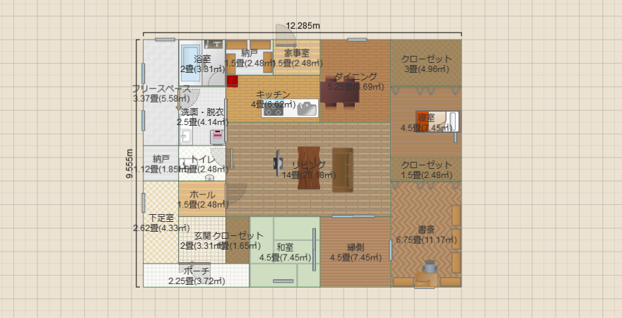 平屋。下足室+収納、広い書斎、ウッドデッキ、脱衣所奧は室内物干し場
