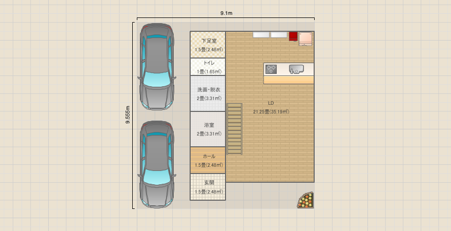 31坪の土地で車を2台置いて4LDK作ってみるテスト