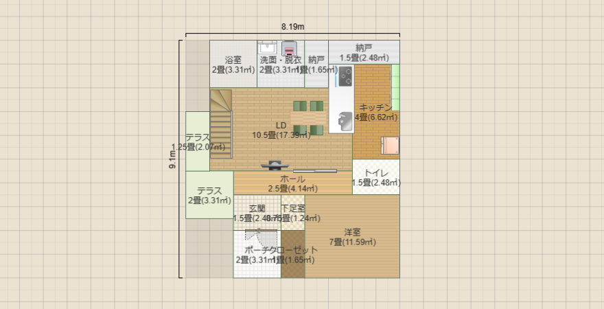 南玄関 1階真ん中リビング 32坪