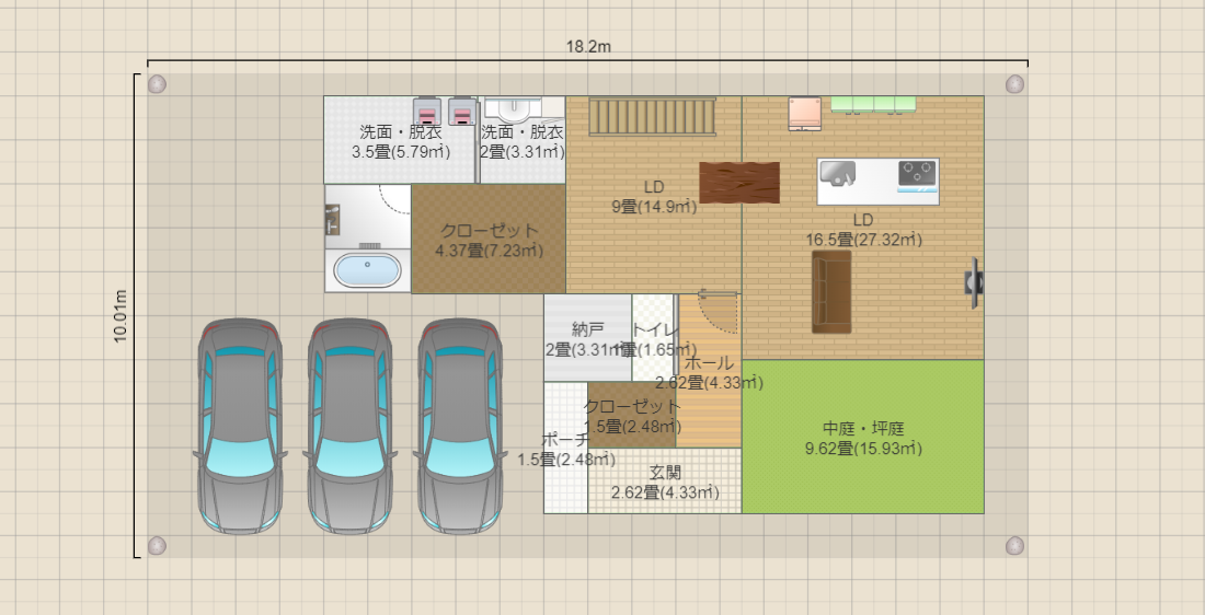 3LDK,Ⅼ字LDK,ファミクロ,中庭,吹き抜けリビング