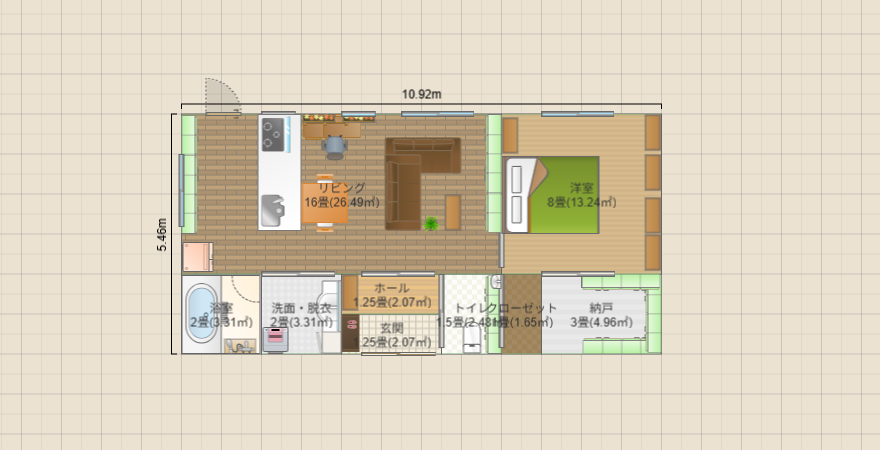 風水間取り　1～2人暮らし　北玄関18.坪
