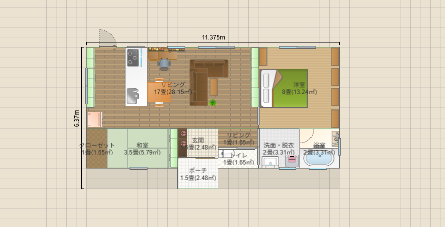 風水間取り　1～2人暮らし　北玄関19.坪